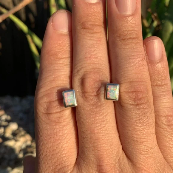 Opal Sterling Silver Stud Earrings - Picture 3 of 13